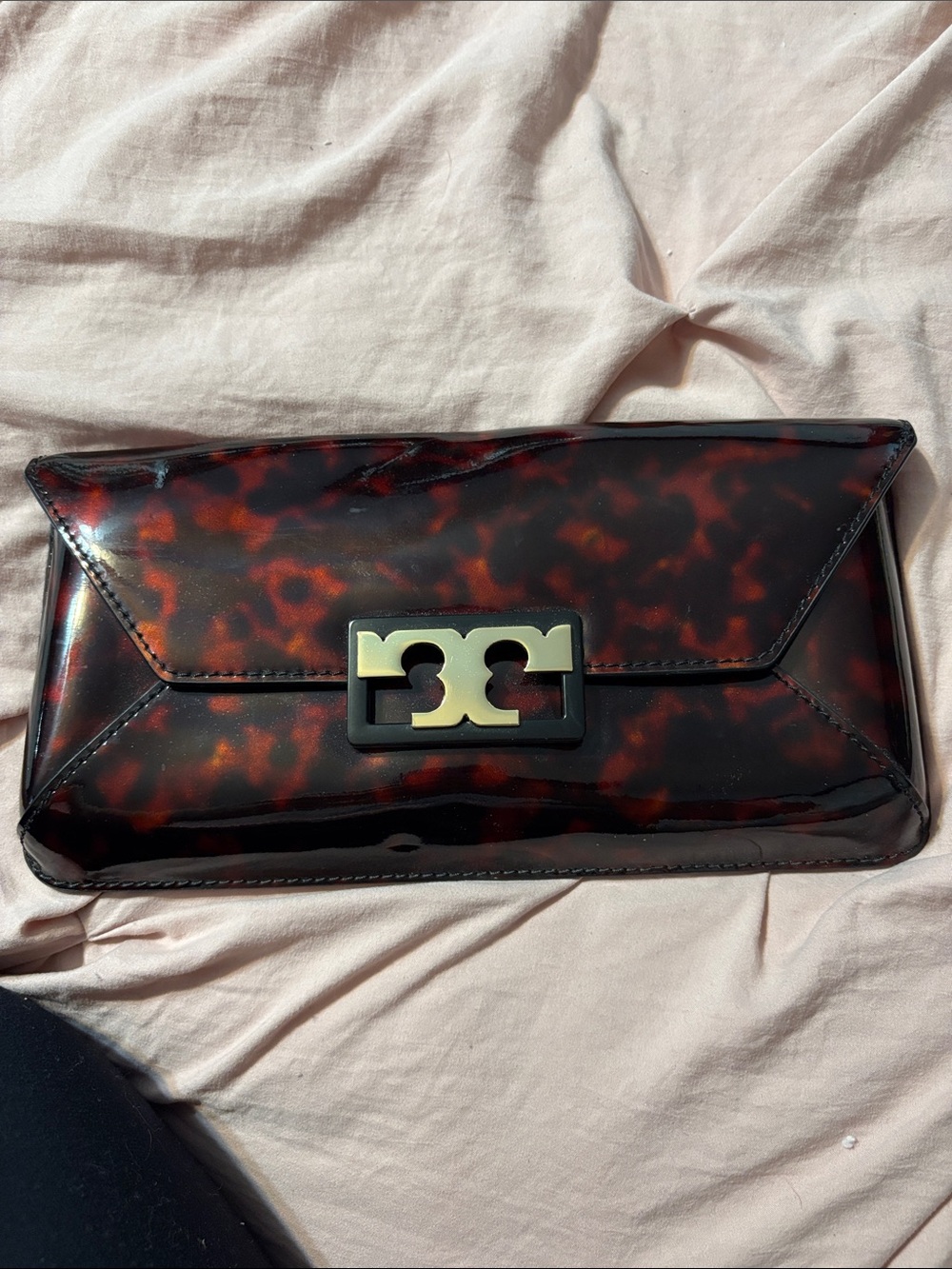 Tory Burch Tortoiseshell Patent Envelope Clutch in Brown and Black